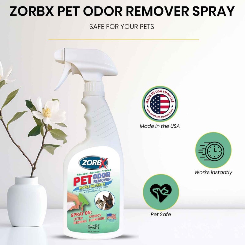 ZORBX Unscented Pet Odor Remover Spray 16 FL Oz - Perfume Free Strong Litter Odor Remover - Advanced Odor Control for Carpet, Bathroom & Urine Odors - Fast Acting Odor Remover Spray for Dogs & Cats - Image 2